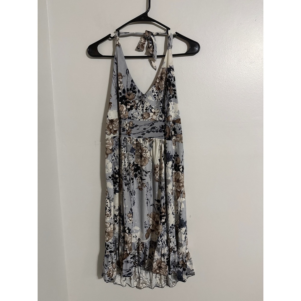 Ace Fashion Blue Brown Floral Silk Blend Halter Neck Smocked Ruffle Dress XXL